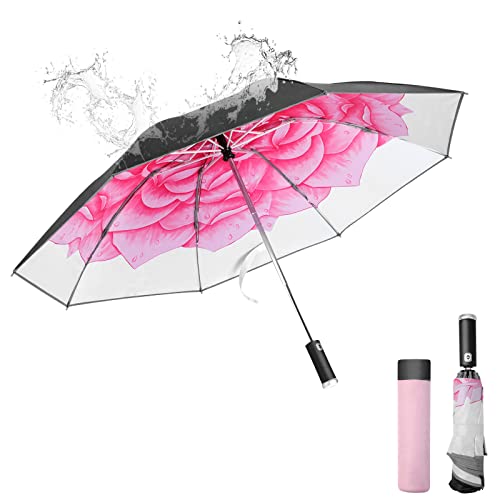 Travel Umbrella Automatic Open & Close Strong Steel Shaft LED Flashlight Handle Safety Reflective Frame Compact Folding Reverse Umbrella Windproof and Waterproof Earth and Flower Print