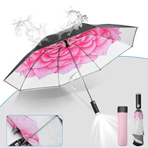 Travel Umbrella Automatic Open & Close Strong Steel Shaft LED Flashlight Handle Safety Reflective Frame Compact Folding Reverse Umbrella Windproof and Waterproof Earth and Flower Print