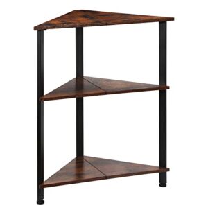 corner shelf wood storage stand with metal frame, multipurpose shelving unit for small space, home office, rustic brown