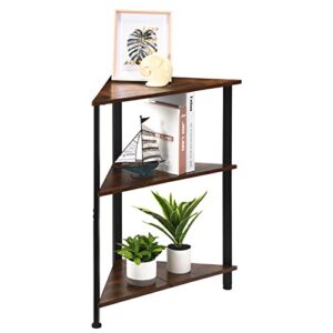 Corner Shelf Wood Storage Stand with Metal Frame, Multipurpose Shelving Unit for Small Space, Home Office, Rustic Brown