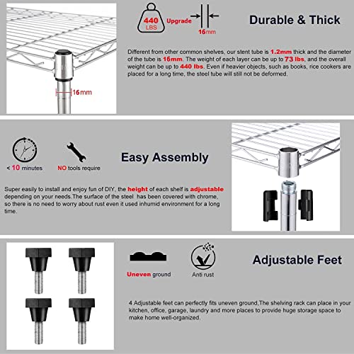 Devo 6-Tier Wire Shelving Unit, Adjustable Metal Shelving for Storage, Heavy Duty Wire Storage Racks with Side Hooks, Pantry Shelves for Garage, Kitchen, Living Room, Bathroom (Upgrade Silver)