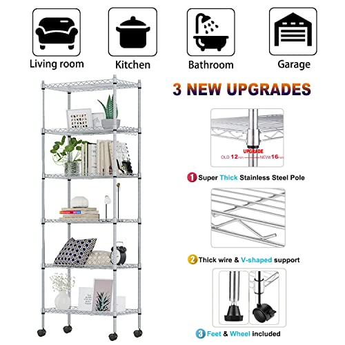 Devo 6-Tier Wire Shelving Unit, Adjustable Metal Shelving for Storage, Heavy Duty Wire Storage Racks with Side Hooks, Pantry Shelves for Garage, Kitchen, Living Room, Bathroom (Upgrade Silver)