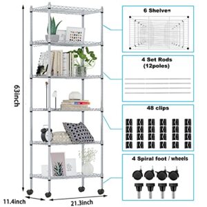 Devo 6-Tier Wire Shelving Unit, Adjustable Metal Shelving for Storage, Heavy Duty Wire Storage Racks with Side Hooks, Pantry Shelves for Garage, Kitchen, Living Room, Bathroom (Upgrade Silver)