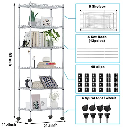 Devo 6-Tier Wire Shelving Unit, Adjustable Metal Shelving for Storage, Heavy Duty Wire Storage Racks with Side Hooks, Pantry Shelves for Garage, Kitchen, Living Room, Bathroom (Upgrade Silver)