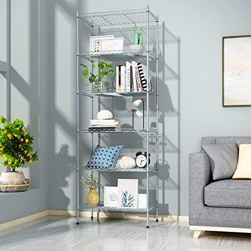 Devo 6-Tier Wire Shelving Unit, Adjustable Metal Shelving for Storage, Heavy Duty Wire Storage Racks with Side Hooks, Pantry Shelves for Garage, Kitchen, Living Room, Bathroom (Upgrade Silver)