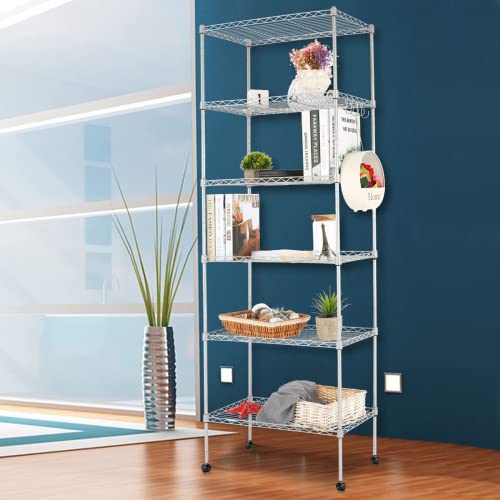 Devo Shelves for Storage Rolling Wire Rack, Shelf with Wheels Shelving Units and Storage, Metal Standing Shelves, 21" L * 11" W * 63" H, Silver