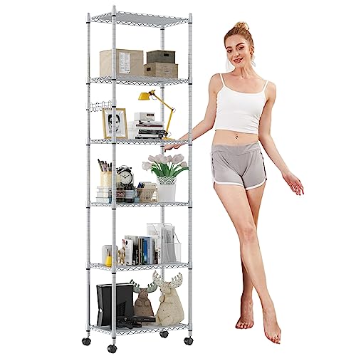 Devo Shelves for Storage Rolling Wire Rack, Shelf with Wheels Shelving Units and Storage, Metal Standing Shelves, 21" L * 11" W * 63" H, Silver