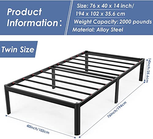 Devo Twin Bed Frame 14 Inch Heavy Duty Metal Platform Beds No Box Spring Needed with Sturdy Steal Slats Mattress Foundation Support Up to 2000 lbs,Easy Assembly, Noise Free,76x40inch, Black