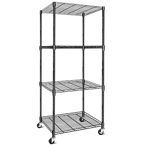 4-Shelf Adjustable, Metal Shelving Unit Heavy Duty, Kitchen Shelf Organizer Rack, Wire Shelving Unit on Wheel Casters, NSF Metal Wire Rack Sheving, Free Standing Gargage and Kitchen Storage Shelves