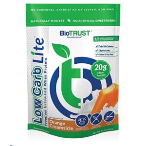 biotrust low carb lite, 20 grams of grass-fed whey protein isolate, 100 calories, prohydrolase digestive enzymes, non-gmo, free from soy and gluten, rbgh-free (14 servings) (orange cream)