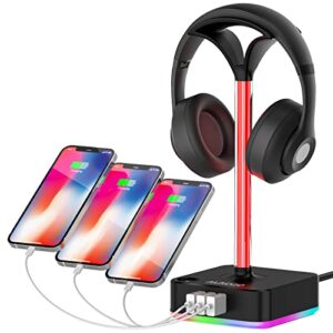 headphone stand-headset holder--rgb gaming headset stand with 3usb charging port and 2 prong ac outlet power strips, 8 light modes and non-slip rubber base, gamers desktop game earphone accessories.