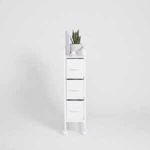 dormify narrow 3-drawer cart on wheels | rolling table with wheels | storage drawers | organizer | nightstand | dresser for closet | white | storage for small spaces | bedroom & dorm room essential