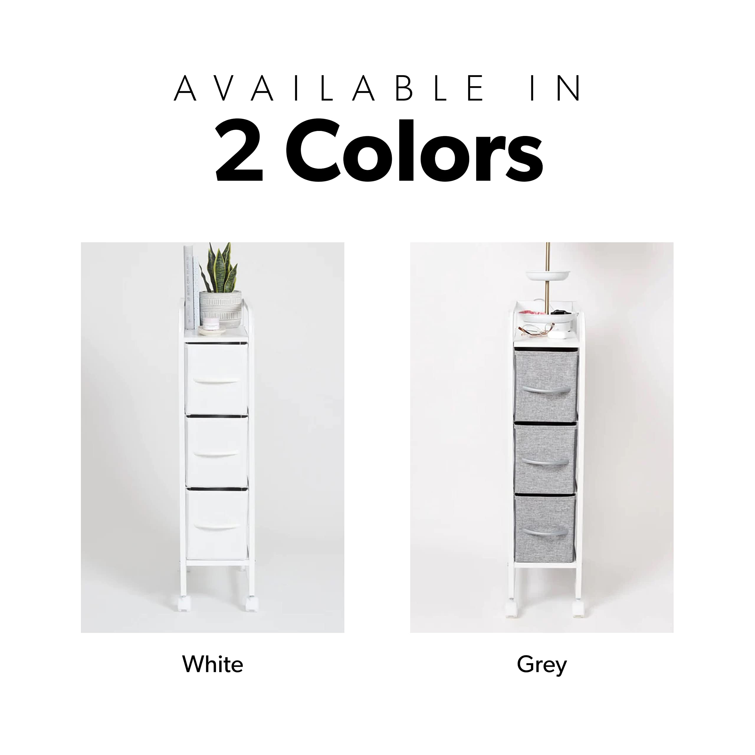 Dormify Narrow 3-Drawer Cart on Wheels | Rolling Table with Wheels | Storage Drawers | Organizer | Nightstand | Dresser for Closet | White | Storage for Small Spaces | Bedroom & Dorm Room Essential