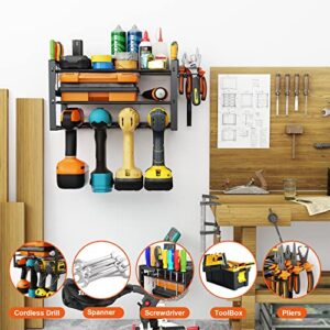 Heavy Duty Floating Tool Shelf Power Tool Organizer Garage Tool Storage Shelf Drill Holder 3 Layers Wall Mounted Storage Rack with Screwdriver Holder Black Suitable for Garage/Workshop