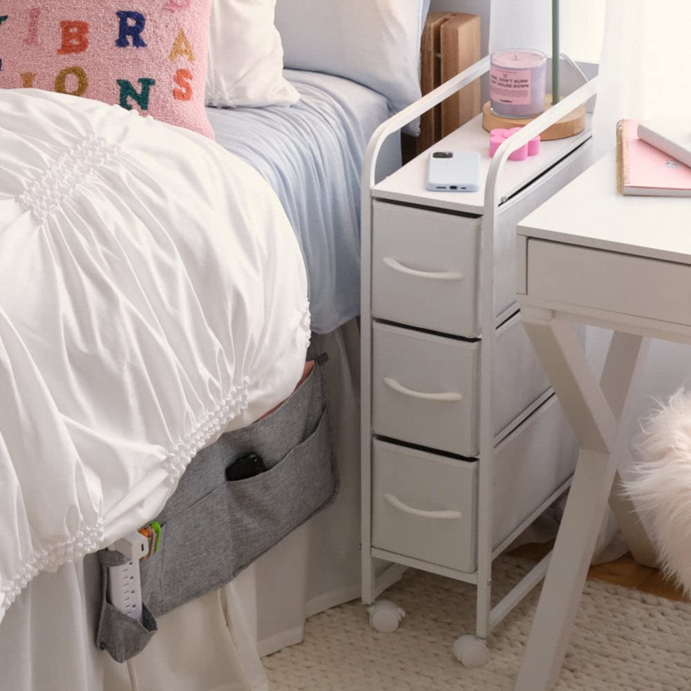 Dormify Narrow 3-Drawer Cart on Wheels | Rolling Table with Wheels | Storage Drawers | Organizer | Nightstand | Dresser for Closet | White | Storage for Small Spaces | Bedroom & Dorm Room Essential