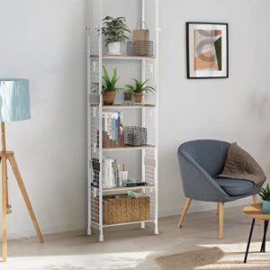 DYN Ptah Floor to Ceiling Adjustble 5 Tiers Bookshelf, Tall Bookshelf with Open Shelves for Storage and Display, Modern Shelf for Living Room, Metal Bookshelf with Wooden Shelf