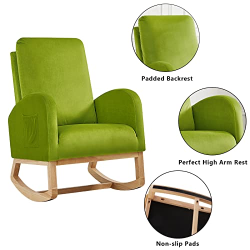 Setawix Rocking Chair for Nursery, Midcentury Modern Accent Rocker Armchair with Side Pocket, Upholstered High Back Wooden Rocking Chair for Living Room Baby Room Bedroom (Green - Velvet)