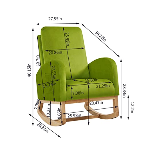 Setawix Rocking Chair for Nursery, Midcentury Modern Accent Rocker Armchair with Side Pocket, Upholstered High Back Wooden Rocking Chair for Living Room Baby Room Bedroom (Green - Velvet)