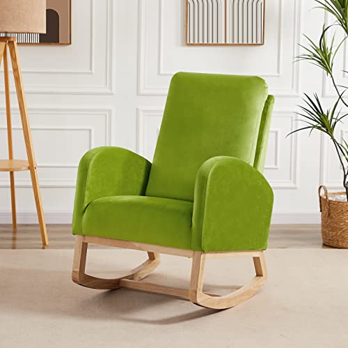 Setawix Rocking Chair for Nursery, Midcentury Modern Accent Rocker Armchair with Side Pocket, Upholstered High Back Wooden Rocking Chair for Living Room Baby Room Bedroom (Green - Velvet)