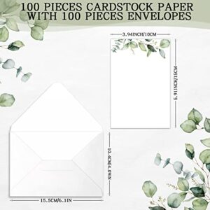 100 Pcs Greenery Cardstock Note Cards 4x6 Inch Blank Greenery Cards Thick White Card Stock Cute Green Leaves Design on Kraft Glossy Cardstock with 100pcs Envelopes for DIY Crafts Drawing Kids Painting