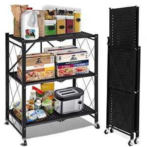 mydenimsky 3 tier storage shelf, foldable shelving units with wheels, metal storage rack, wire shelving units no assemble required, moving easily great for laundry garage kitchen (fully fold)