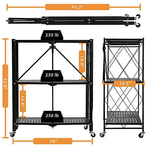 MYDENIMSKY 3 Tier Storage Shelf, Foldable Shelving Units with Wheels, Metal Storage Rack, Wire Shelving Units No Assemble Required, Moving Easily Great for Laundry Garage Kitchen (Fully Fold)