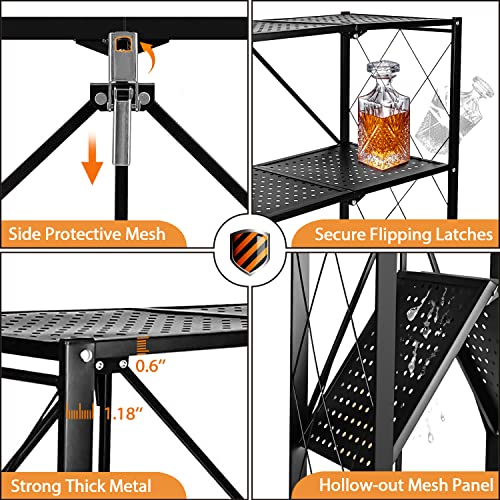 MYDENIMSKY 3 Tier Storage Shelf, Foldable Shelving Units with Wheels, Metal Storage Rack, Wire Shelving Units No Assemble Required, Moving Easily Great for Laundry Garage Kitchen (Fully Fold)