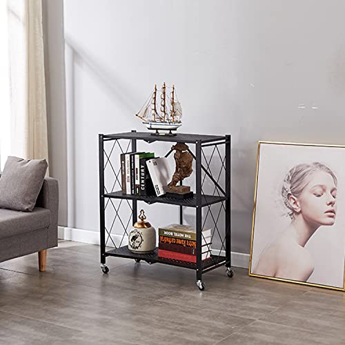 MYDENIMSKY 3 Tier Storage Shelf, Foldable Shelving Units with Wheels, Metal Storage Rack, Wire Shelving Units No Assemble Required, Moving Easily Great for Laundry Garage Kitchen (Fully Fold)