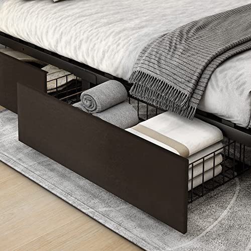 YITAHOME Upholstered Bed Frame with 4 Storage Drawers and Adjustable Headboard, Queen Bed Frame Mattress Foundation with Sturdy Wood Slat Support, No Box Spring Needed, Brown (Queen)