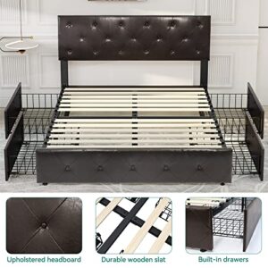 YITAHOME Upholstered Bed Frame with 4 Storage Drawers and Adjustable Headboard, Queen Bed Frame Mattress Foundation with Sturdy Wood Slat Support, No Box Spring Needed, Brown (Queen)