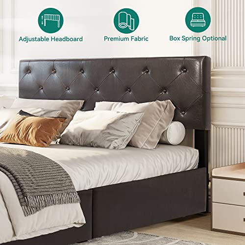 YITAHOME Upholstered Bed Frame with 4 Storage Drawers and Adjustable Headboard, Queen Bed Frame Mattress Foundation with Sturdy Wood Slat Support, No Box Spring Needed, Brown (Queen)