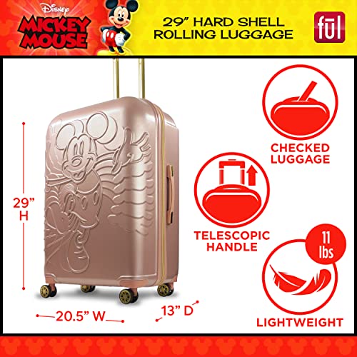 FUL Disney Mickey Mouse 29 Inch Rolling Luggage, Molded Hardshell Suitcase with Wheels, Rose Gold