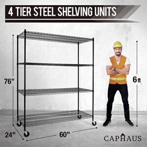 CAPHAUS 4-Tier Commercial Grade Heavy Duty Adjustable Height Wire Shelving w/Wheels & Leveling Feet, Storage Metal Steel Shelf, Garage Shelving Storage, Utility Wire Rack Storage Shelving Unit, 60" W