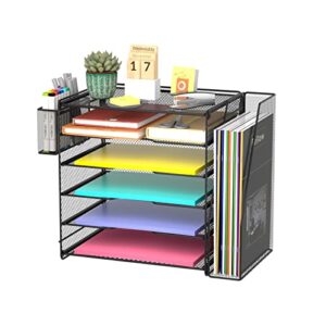 samstar mesh desk organizer, paper letter tray with 5 tier racks shelves,1 extra vertical file sorter and pen holders for office supplies,black