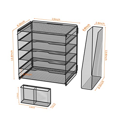 Samstar Mesh Desk Organizer, Paper Letter Tray with 5 Tier Racks Shelves,1 Extra Vertical File Sorter and Pen Holders for Office Supplies,Black