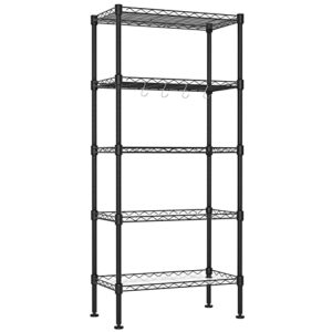 c&ahome 5-tier metal shelving unit with liner, storage rack with adjustable shelves, heavy duty shelf with 4 hooks and leveling feet ideal for kitchen, bathroom, 23.6"l × 12.8"w × 60.5"h black uwsu05b