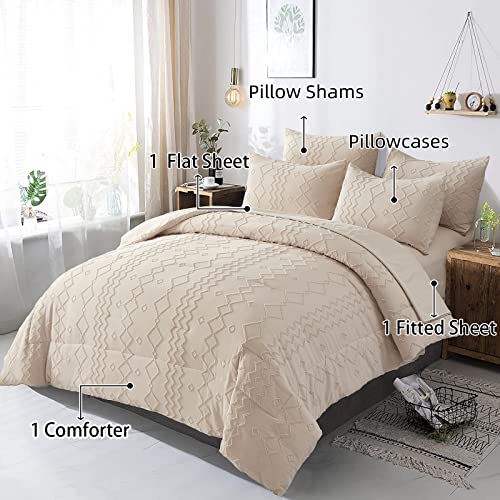 Khaki Tufted Comforter Set Queen with Sheets,7 Pieces Bed in a Bag Boho Comforter Shabby Chic Geometry Embroidery Bedding Set Soft Microfiber Farmhouse Comforter (Queen 90×90 inches)