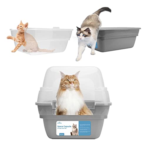 Petfamily Cat Litter Box, Large Foldable Jumbo Hooded with Transparent Lid,Grey