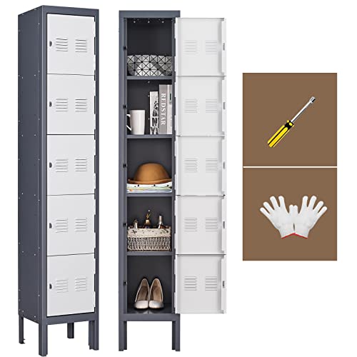 Karini Lockers for Employees,5 Door Metal Locker,66.14''Storage Lockers for Home,Garage,Gym,Office with Mirror,Screwdriver,Gloves,Unassembled (Grey, 5 Door)