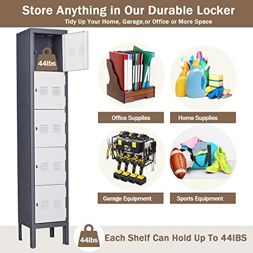 Karini Lockers for Employees,5 Door Metal Locker,66.14''Storage Lockers for Home,Garage,Gym,Office with Mirror,Screwdriver,Gloves,Unassembled (Grey, 5 Door)