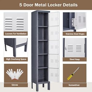 Karini Lockers for Employees,5 Door Metal Locker,66.14''Storage Lockers for Home,Garage,Gym,Office with Mirror,Screwdriver,Gloves,Unassembled (Grey, 5 Door)