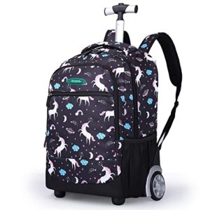 tanou rolling backpack for kids adults, 18" waterproof backpack with wheels for girls boys, roller bookbags for school travel, age 7+, black horse