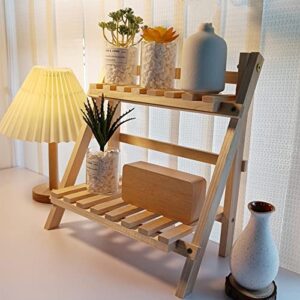 wooden double layer rack desk storage organizer, foldable 2-tier ladder shelves, durable shelf flower pot seasoning racks, sundries shelf, home decor ladder, 34 x 18 35 cm