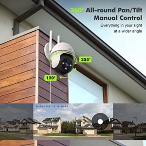 TIEJUS Security Camera Outdoor, 2K Outdoor Security Cameras with 360° PTZ, 2.4G WiFi Wired Home Surveillance Camera, 24/7/Color Night Vision/Spotlight/2 Way Talk/Compatible with Alexa/Voice Detection