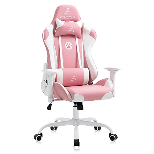 AJS Gaming Chair Pink Racing Office Chair High Back Computer Desk Chair Leather Executive Adjustable Swivel Chair with Headrest and Lumbar Support