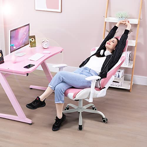 AJS Gaming Chair Pink Racing Office Chair High Back Computer Desk Chair Leather Executive Adjustable Swivel Chair with Headrest and Lumbar Support