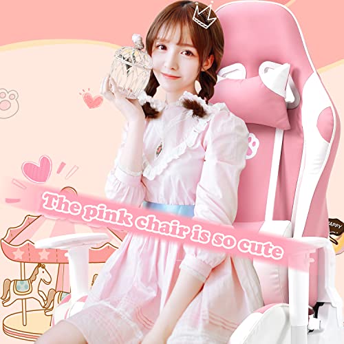 AJS Gaming Chair Pink Racing Office Chair High Back Computer Desk Chair Leather Executive Adjustable Swivel Chair with Headrest and Lumbar Support