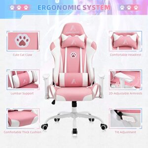 AJS Gaming Chair Pink Racing Office Chair High Back Computer Desk Chair Leather Executive Adjustable Swivel Chair with Headrest and Lumbar Support