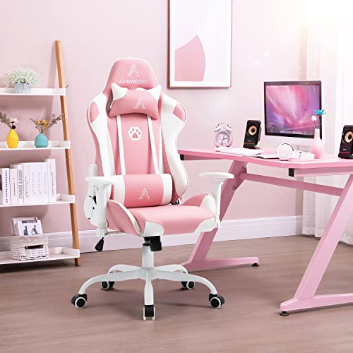 AJS Gaming Chair Pink Racing Office Chair High Back Computer Desk Chair Leather Executive Adjustable Swivel Chair with Headrest and Lumbar Support