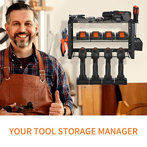 Power Tool Organizer - Drill Holder Wall Mount Garage Tool Organizers and Storage, 3 Layers Heavy Duty Metal Tool Shelf for Cordless Drill, Screwdriver Storage Rack Gift for Men